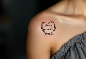 "Amor Vincit Omnia" (Love conquers all) in soft cursive lettering, placed inside a delicate heart made of olive branches, inked in charcoal black with touches of olive green. tattoo idea