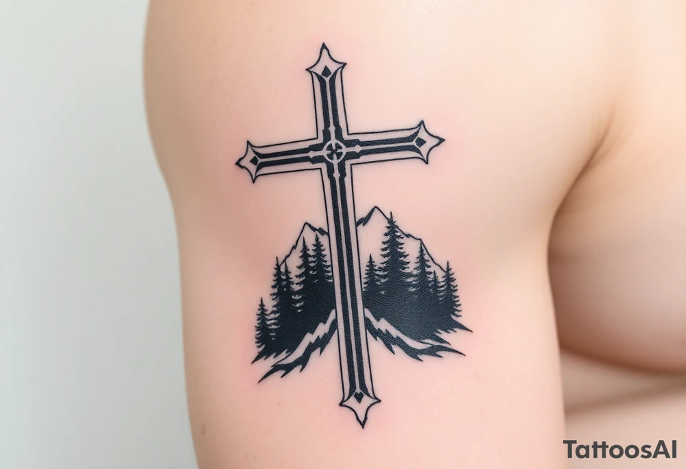 russian christian orthodox cross with the diagonal line at the bottom with a light forrest with a light mountainous setting tattoo idea