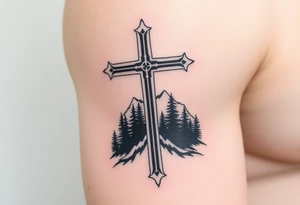 russian christian orthodox cross with the diagonal line at the bottom with a light forrest with a light mountainous setting tattoo idea