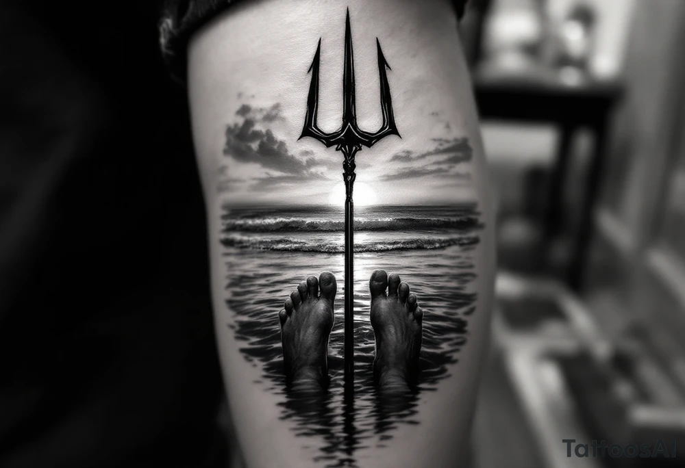 trident with bare feet half way under calm water at sunset tattoo idea