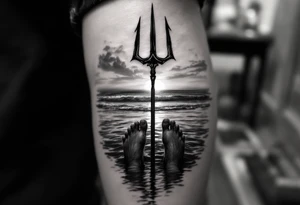 trident with bare feet half way under calm water at sunset tattoo idea