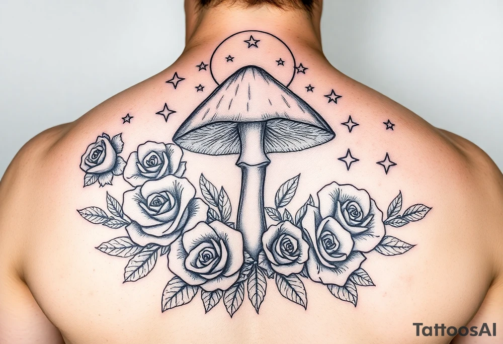 Fairy mushroom surrounded by roses and stars and moon tattoo idea