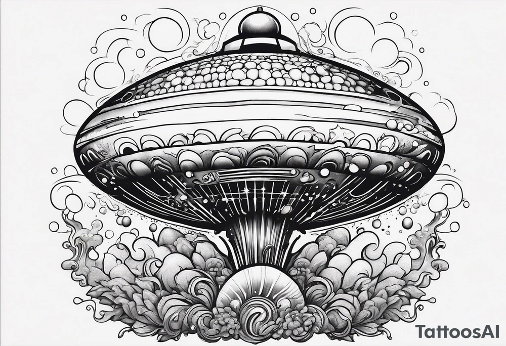 thinner rocketship with a psychedelic mushroom top with fire coming out the bottom bursting out of bubble as the bubble pops tattoo idea