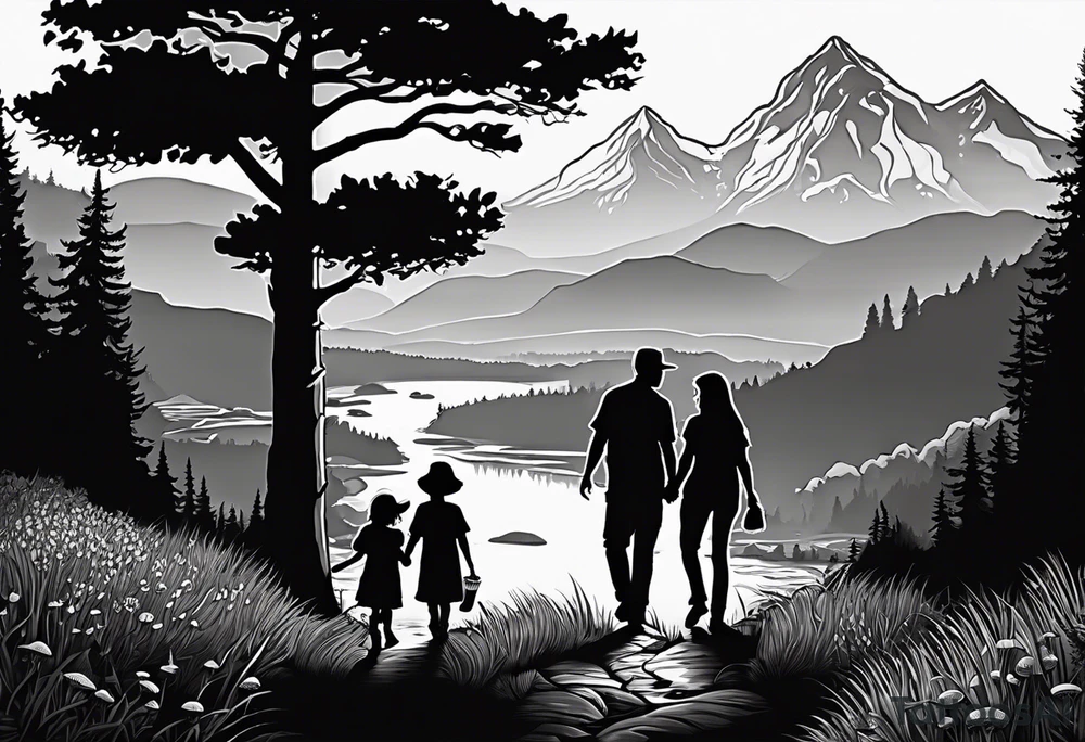 Family silhouette of a father, a mother, oldest son, middle daughter, and small daughter foraging mushrooms with mountains and creek in background tattoo idea