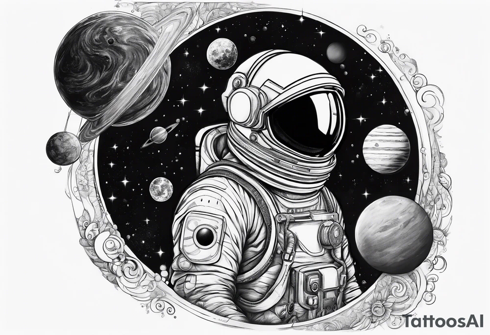 spaceman full-length in space with planets tattoo idea