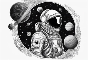 spaceman full-length in space with planets tattoo idea