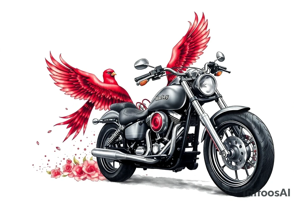 Harley grey motorcycle driving away, two red birds flying, roses, flames, angel wings tattoo idea