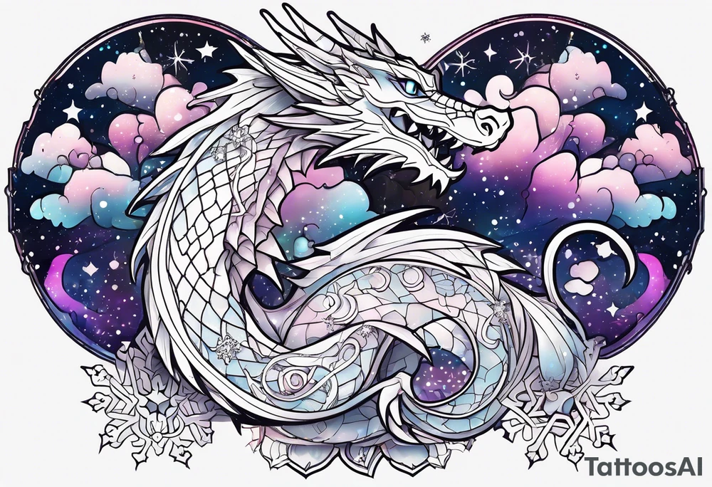 Constellation, kawaii dragon, snowflake tattoo idea