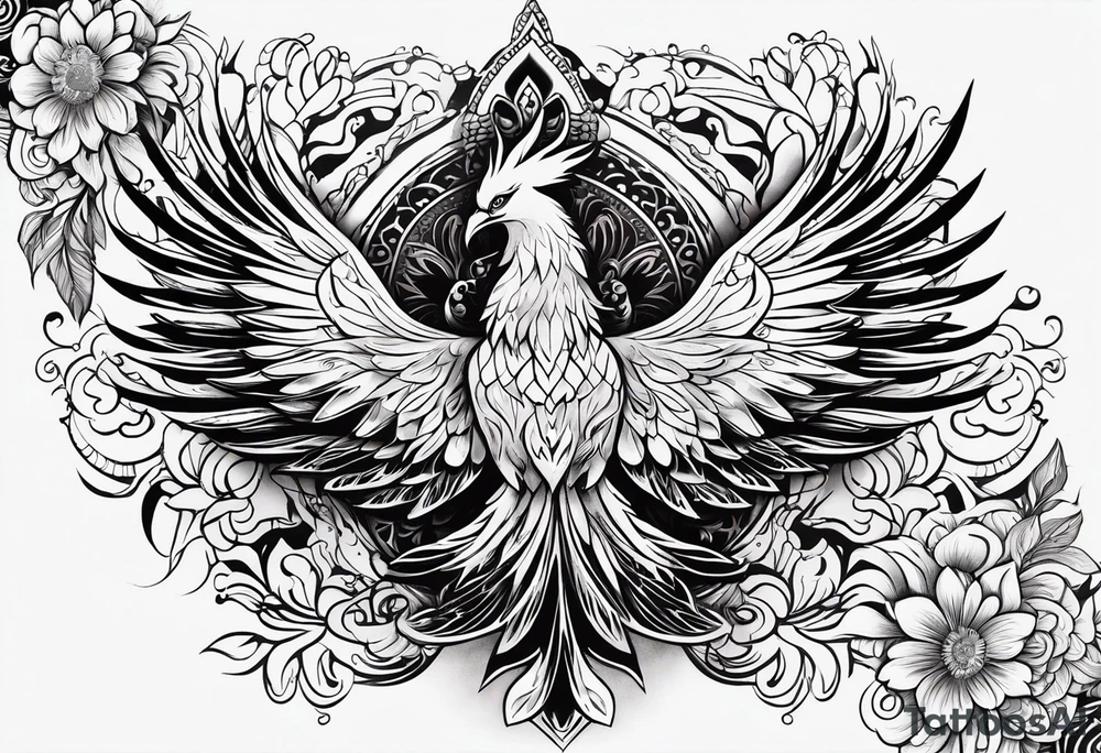 Tribal bohemian feminine impowering Phoenix rising with smoke, mandala sun, floral, lace background tattoo idea