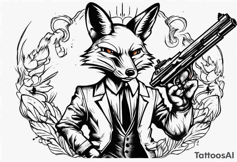 a fox holding a gun and smoking a coggarte tattoo idea