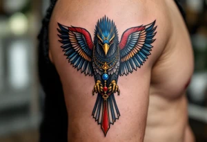 An Egyptian Falcon (Horus) Carrying a Rosary (only red, blue and black are possible colors) tattoo idea