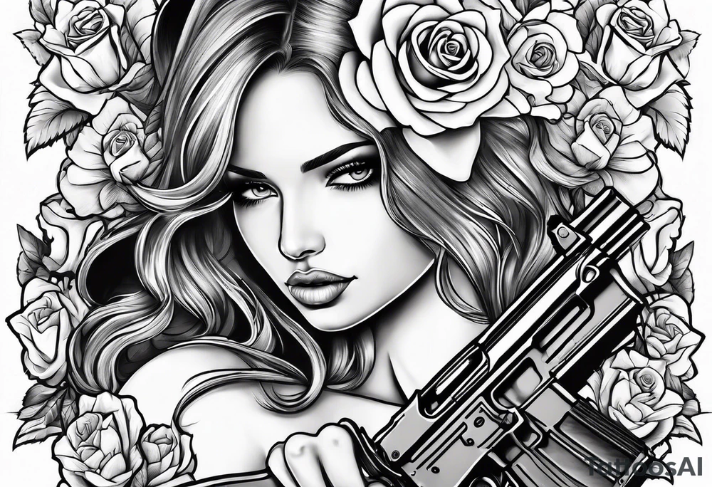 Beautiful angle with tattoos surrounded by roses holding a ak 47 tattoo idea
