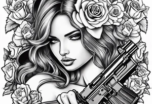 Beautiful angle with tattoos surrounded by roses holding a ak 47 tattoo idea
