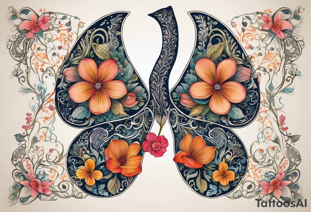 intricate and artistic arrangement of flowers and ornamental patterns that come together to form the shape of human lungs. The design should have a balance of delicacy and detail, with vibrant floral elements seamlessly intertwining to mimic the structure of the lungs, including the bronchi branching into floral motifs. Incorporate subtle shading and depth to give the tattoo a dynamic and organic feel, while maintaining elegance and symmetry tattoo idea