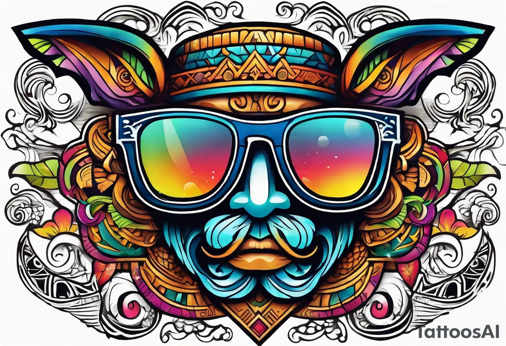 Colorful Mayan hieroglyph wearing sunglasses with waves and bats tattoo idea Colorful Mayan hieroglyph wearing sunglasses with waves and bats tattoo idea