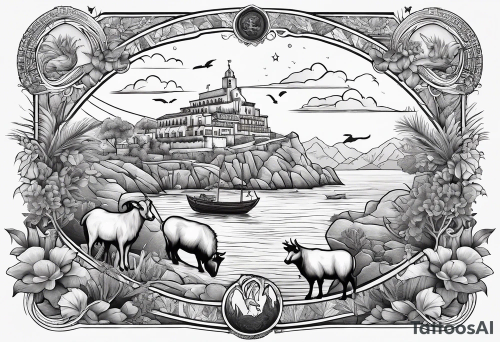 Noah's ark with a badger, a goat and a reindeer inside the outlines of Map of Mallorca behind tattoo idea