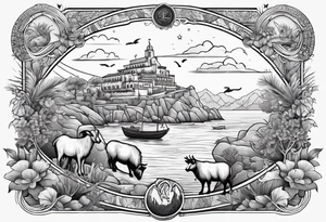 Noah's ark with a badger, a goat and a reindeer inside the outlines of Map of Mallorca behind tattoo idea