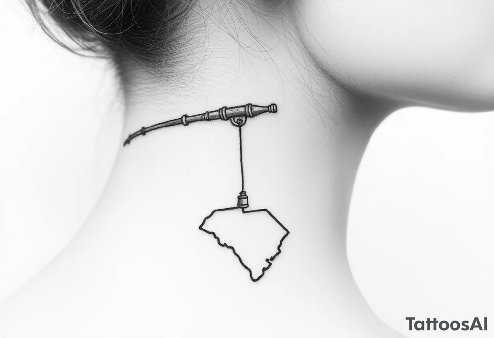 Old fishing rod with something showcasing South Carolina state dangling from top of the line tattoo idea