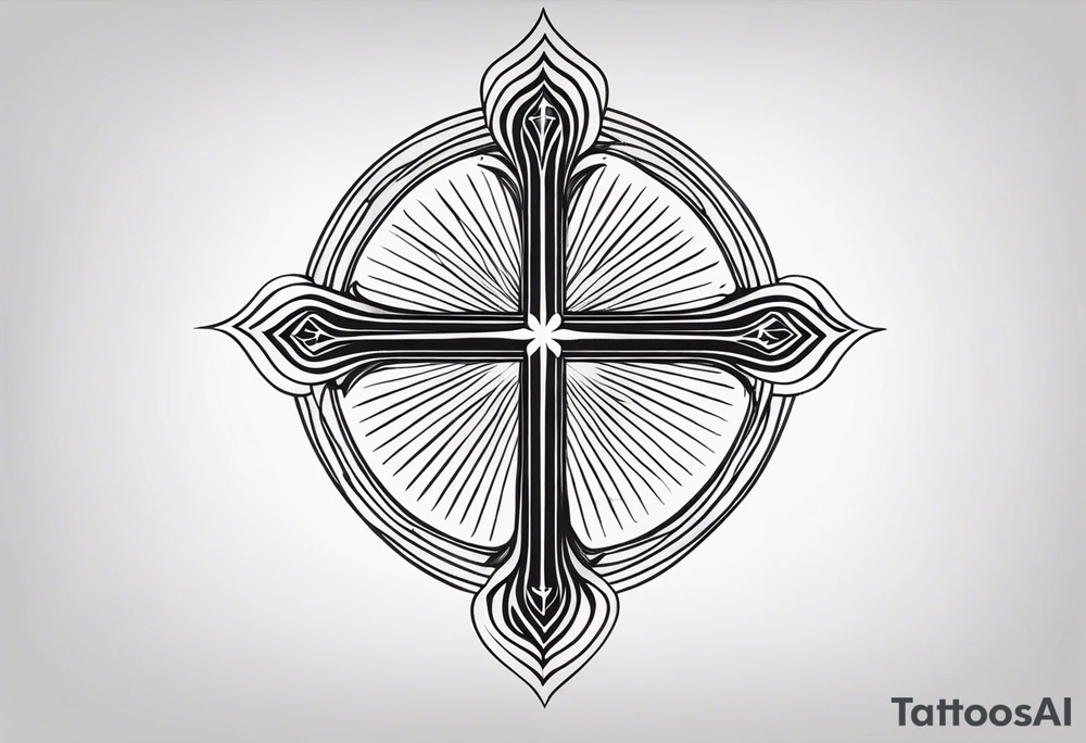 Tattoo: A refined cross with a soft halo on top of it, symbolizing light and spirituality. Delicate rays extend outward from the halo, adding a subtle glow and depth. The cross itself is simple and elegant, with potential for small, intricate line details within the design. tattoo idea