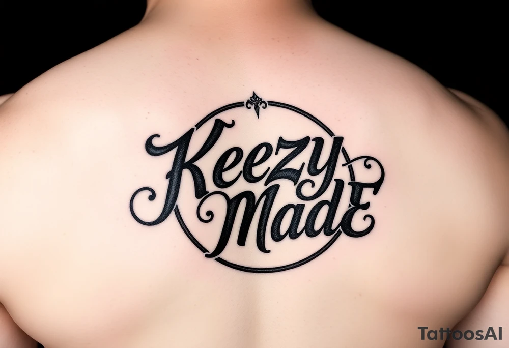 A fancy but rugged twisted and intertwined circular arched curvy lettering in a circular  that would be clothing brand style that says (KeezY MadE) tattoo idea