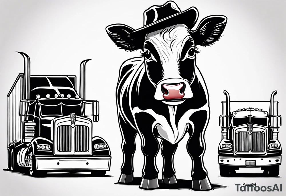 baby cow wearing a truckers hat  saying Kenworth with the Kenworth logo behind him tattoo idea