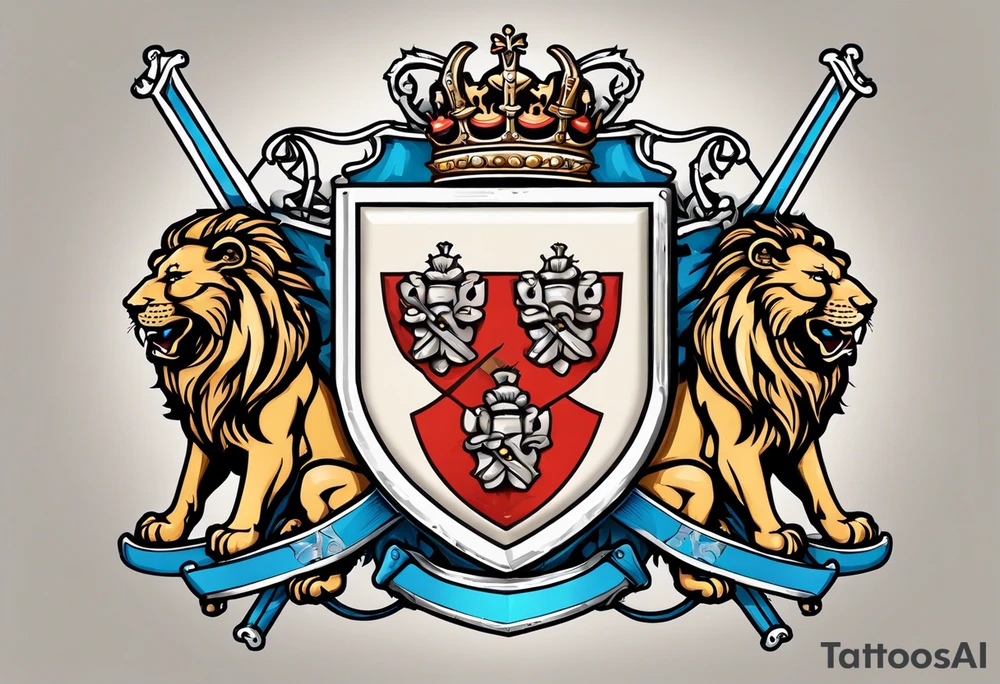 Swanson coat of arms on a shield being held up by two lions with crossed skis behind the shield tattoo idea
