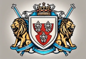 Swanson coat of arms on a shield being held up by two lions with crossed skis behind the shield tattoo idea