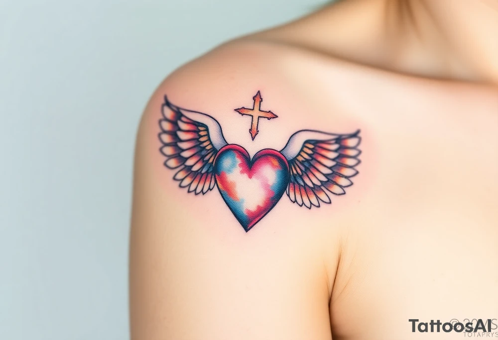 dainty catholic sacred heart with angel wings tattoo idea