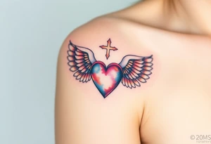 dainty catholic sacred heart with angel wings tattoo idea