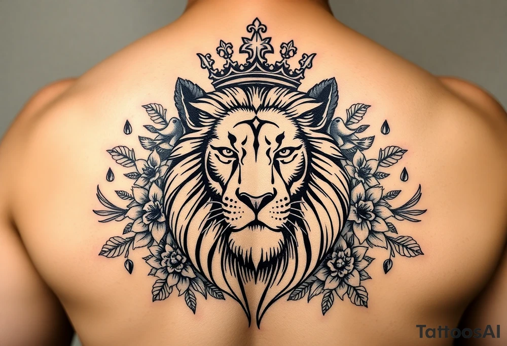powerful majestic lion with a crown, surrounded by floral ornaments and birds tattoo idea