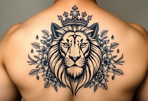 powerful majestic lion with a crown, surrounded by floral ornaments and birds tattoo idea