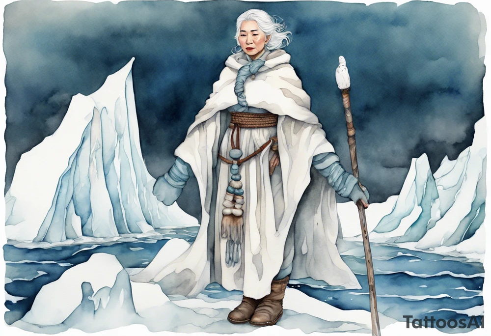 a middle aged Inuit woman with white hair, wearing mittens, wearing a white cloak, holding a white staff, wearing mukluks, standing on an iceberg in the sea tattoo idea