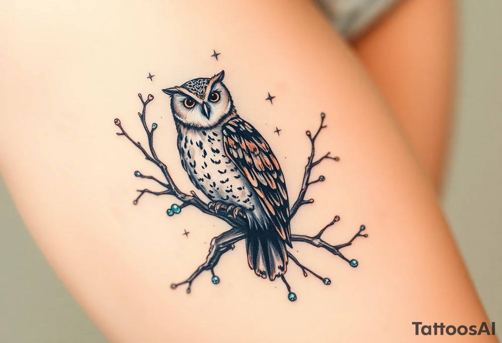 wise owl perched on ancient oak branch under starlit sky tattoo idea