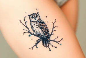 wise owl perched on ancient oak branch under starlit sky tattoo idea