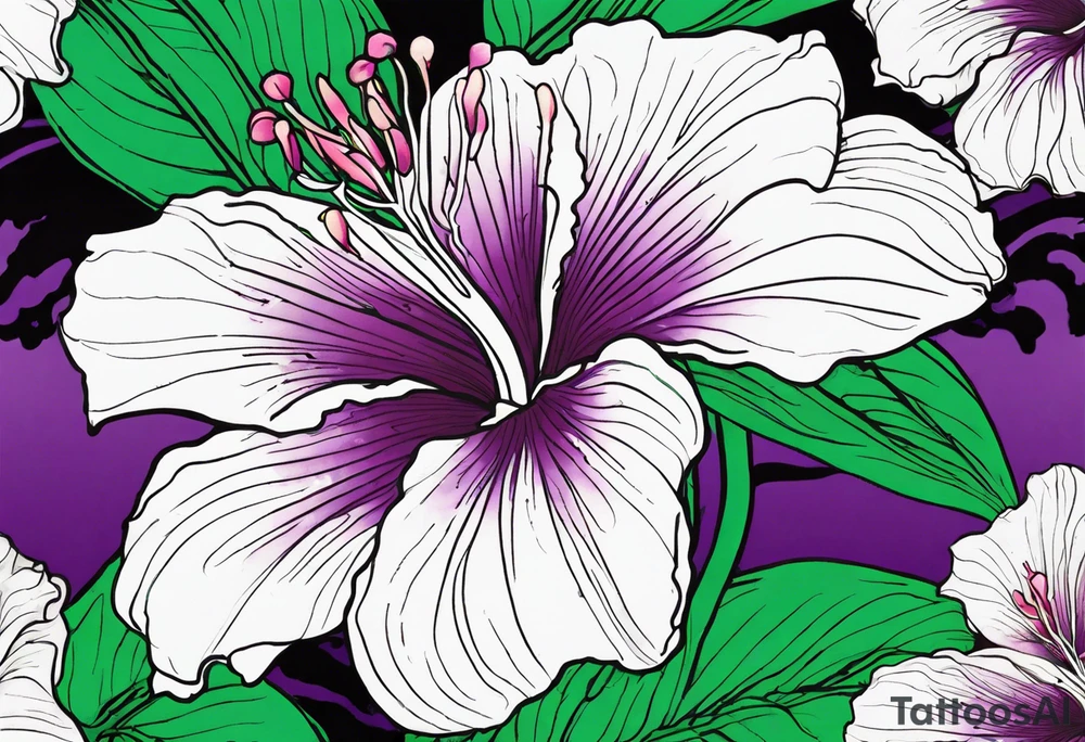 An outline of a rio dipladenia flower with a green and purple watercolor splash in the background tattoo idea