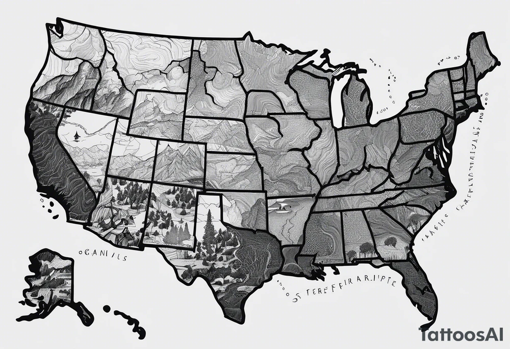Draw a Streetmap with only one road from San Francisco to San Diego via Yosemite Park, Death Valley, Las Vegas, Grand Canyon, Joshua Tree and Los Angeles. DO it only in Black and White and in a minimalistic Style. tattoo idea
