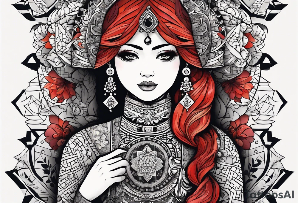 Russian doll with geometric design, surrounded by tapestry tattoo idea