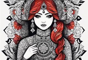 Russian doll with geometric design, surrounded by tapestry tattoo idea