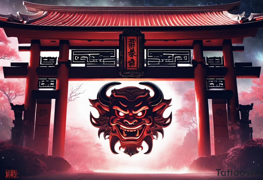 very little torii gate in biomechanical style. 15% of size, placed in bottom 

Above the gate is a bust of Dominant demonic and formidable face with royal king features, has a slight evil grin and a devil fang teeth, similar to skull features, framed by deep-set glowing galaxy eyes, head has crown of prominent purple deep blue flames (Not standalone horns) with intricate recognizable swirling galaxy and peacock feather textures.

face has intricate swirling biomechanical tattoo texture. prominent colours are blue, violet, deep purple, with orange highlights.

face has braids hanging with feathers at end. face is 85% of size and is above gate tattoo idea