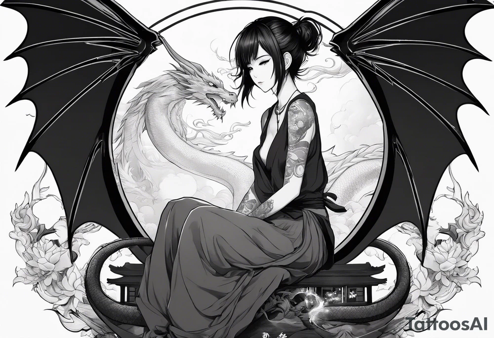 a full shot of an anime girl seen from far, sitting on a ball and surrounded by asian dragon with wings tattoo idea