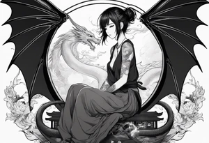 a full shot of an anime girl seen from far, sitting on a ball and surrounded by asian dragon with wings tattoo idea