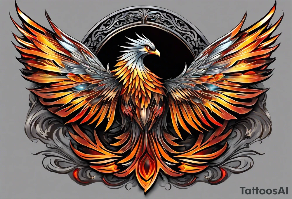 3D Tattoo: A powerful, majestic phoenix, depicted mid-flight or rising, with wings extended and feathers flowing. Deep shading and intricate details to bring out the texture and motion of the feathers. Style: 3D. tattoo idea