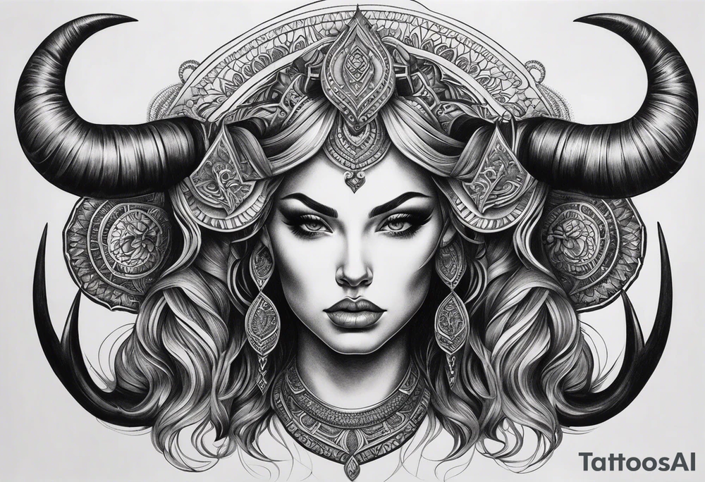 symmetrical woman head with curved horns facing downwards dark realism looking front facing view, ultra-detailed, high quality, high sharpness, hyper-realism, hyper-photorealistic, hyper-realistic tattoo idea