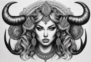 symmetrical woman head with curved horns facing downwards dark realism looking front facing view, ultra-detailed, high quality, high sharpness, hyper-realism, hyper-photorealistic, hyper-realistic tattoo idea