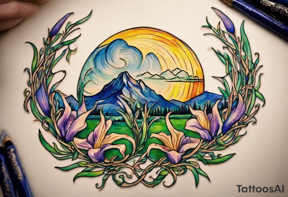 Create a small, colorful Vincent van Gogh Irises tattoo in the form of a crescent, with vines in Celtic knot style gracefully intertwining at a central point in the middle of the wreath. The intended placement is on the upper chest. The middle needs mountains. The overall design should be small in size while maintaining a delicate and artistic aesthetic. Pay attention to the graceful flow of the vines and the placement of the irises to achieve a refined and elegant look. tattoo idea