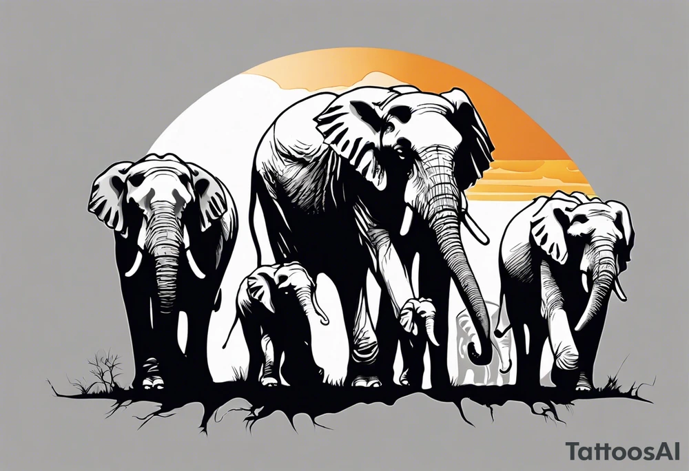family of 6 elephants walking into sunset after one of them has died tattoo idea