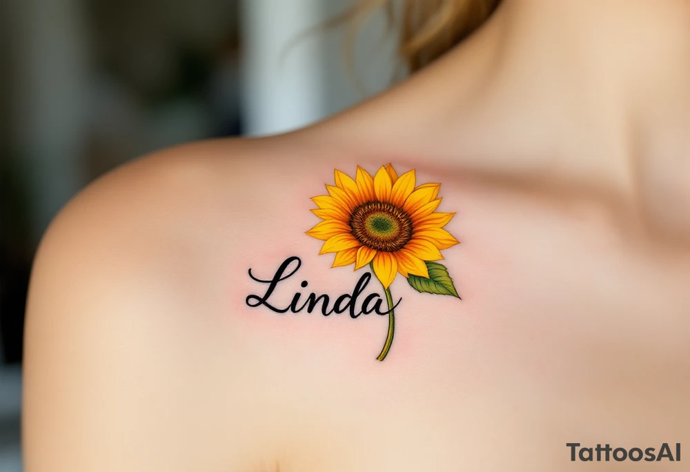 A vibrant sunflower in shades of yellow and orange with the daughter’s name Linda curved along the stem in black script. tattoo idea