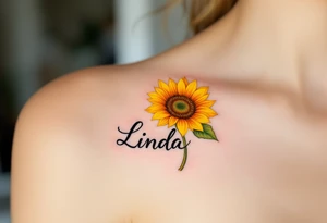 A vibrant sunflower in shades of yellow and orange with the daughter’s name Linda curved along the stem in black script. tattoo idea