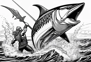 viking superhero catching a blue marlin with tuna jumping tattoo idea