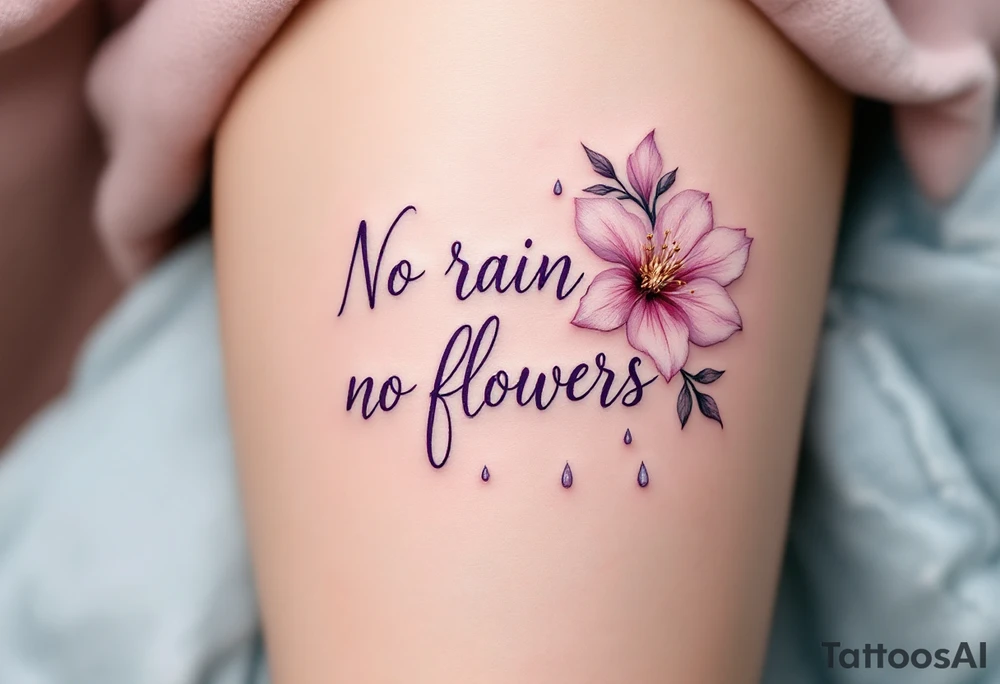 “No rain, no flowers” in elegant purple script, paired with a delicate pink blossom and gray raindrops. tattoo idea